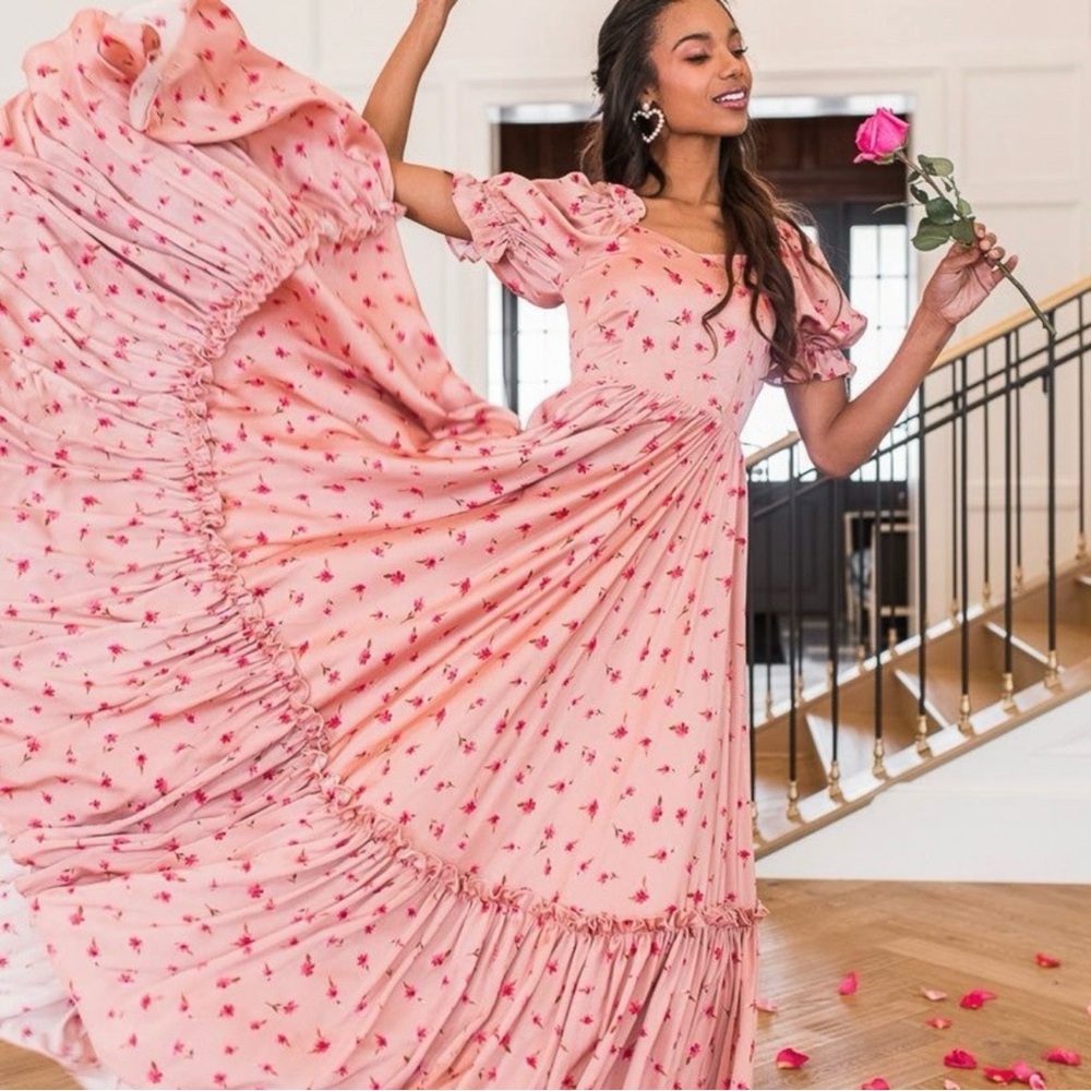 NWT Ivy City Co. Romantic Velvet Pink Floral Puff-Sleeve Maxi Dress